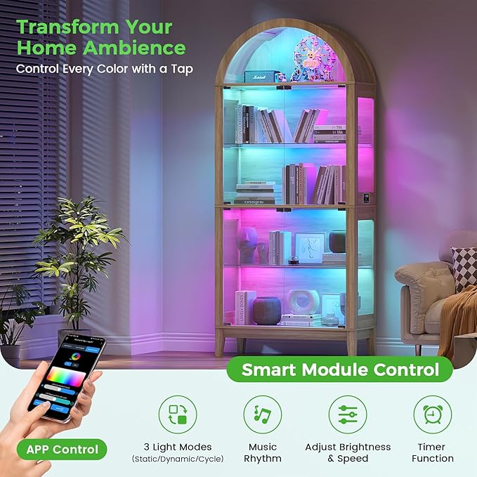 HNEBC Arched Display Case with RGB Lights, LED Curio Cabinet with Shelf - Image 9