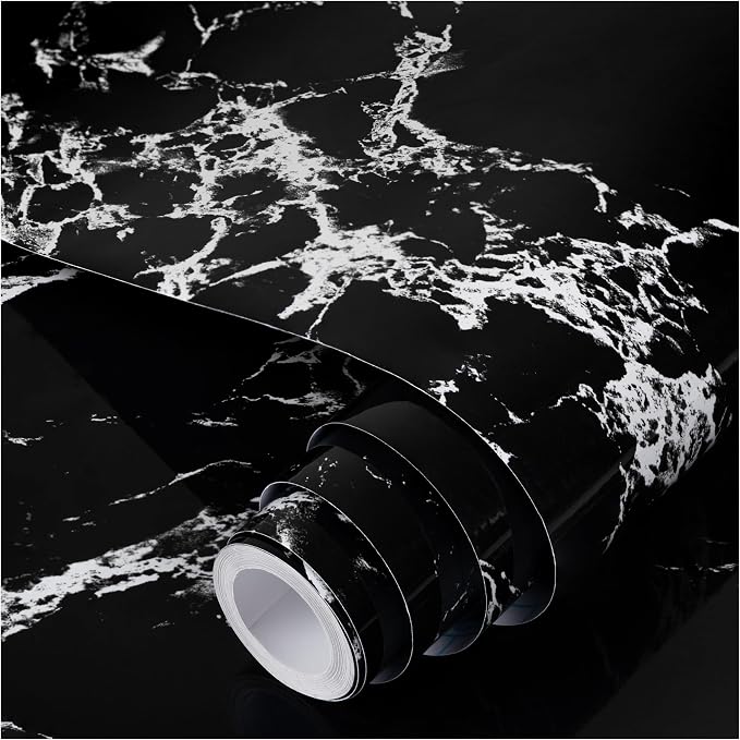 practicalWs Glossy Marble Wall Paper Granite Black/Grey Kitchen Countertop by practicalWs