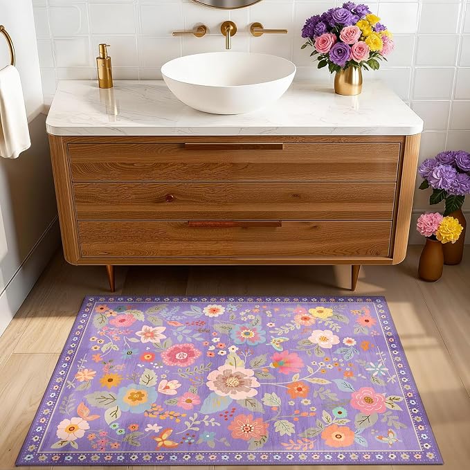 RELEANY Floral Washable 2x3 Area Rugsk Doormat Purple/Pin | Flower Carpet Print - Image 8