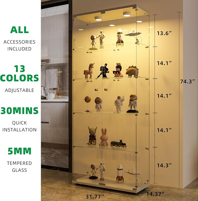 FANYUSHOW Display Cabinet with Glass Door and LED Light, 5-Tier Tempered Glass - Image 2