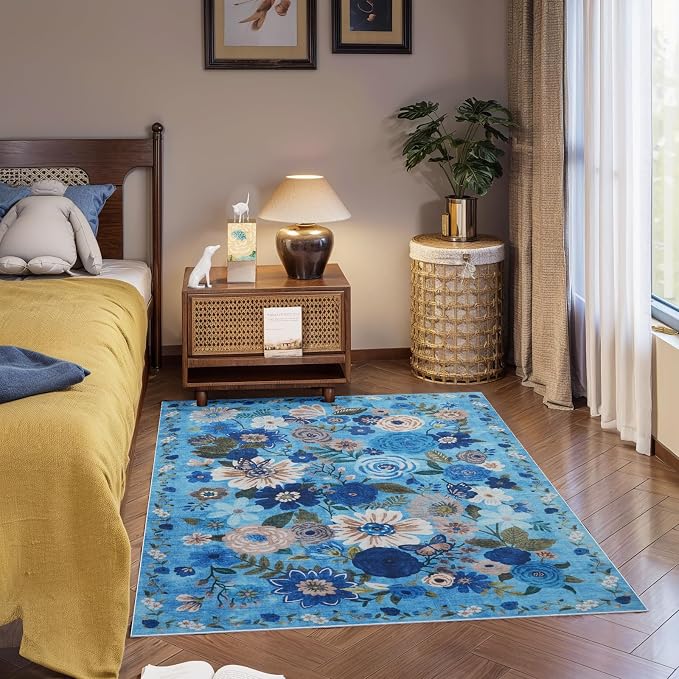 Blue Floral Area Rug 4x6 for Bedroom Dining Room | Boho Style; Low Pile; Non - Image 6