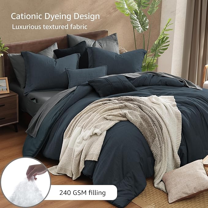 Monbix Twin XL Comforter Set Navy Blue, Cationic Dyeing Bedding Set Reversible - Image 3