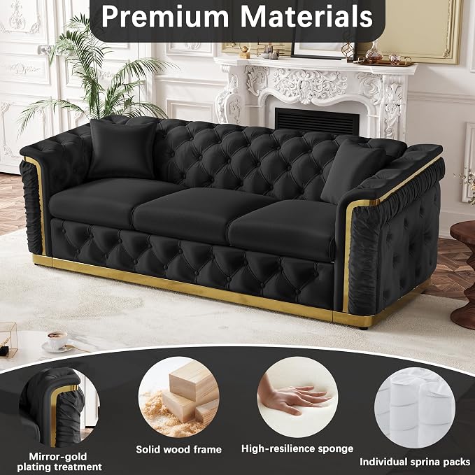 2 Piece Velvet Chesterfield Sofa Luxury Tufted Sofa Black and Gold Couch Set - Image 9