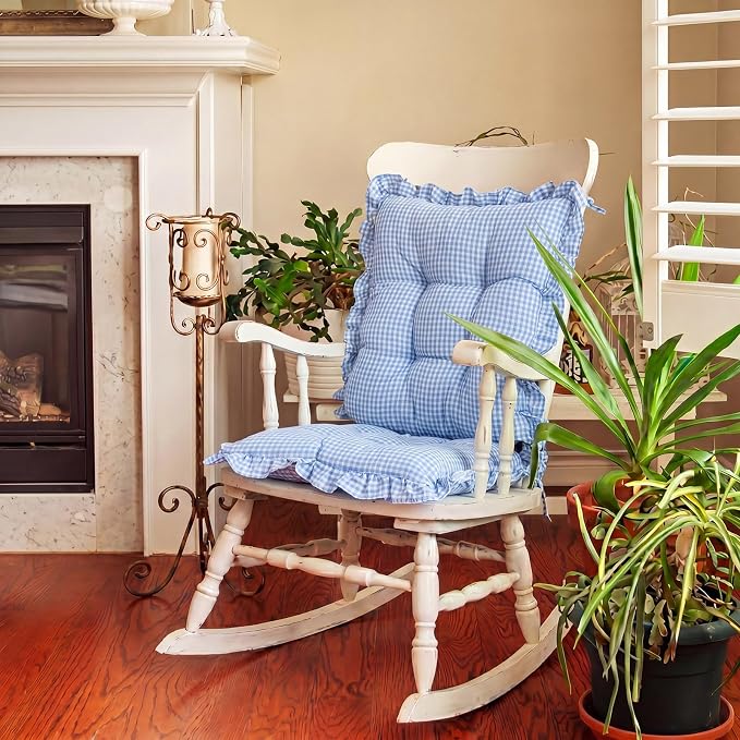 Lewtemi 2 Set Blue Gingham Rocking Chair Cushion Village Ruffled Rocking Chair - Image 5