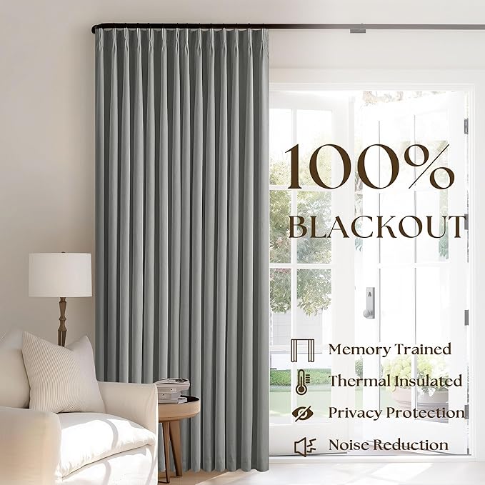 Grey Pinch Pleated 100% Blackout Linen 80 Inch Window Curtains 2 Panels Set | - Image 3
