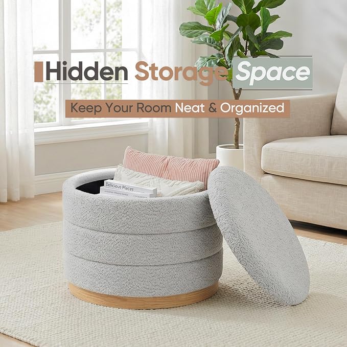 Round Storage Ottoman with Tray Lid, Folding Chenille Fabric Footrest with - Image 4