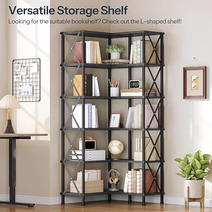 HOOBRO Corner Bookshelf, 6-Tier L-Shaped Bookcase, Industrial Open Display - Image 3