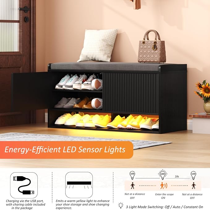 HOMEFORT 39.4" Fluted Shoe Storage Bench, Entryway Bench - Image 4