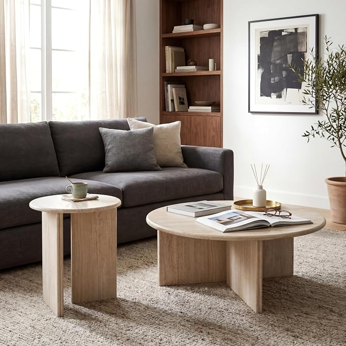 HNY Coffee Table and End Table Set of 2 Modern Round Nesting Coffee Table Faux - Image 7