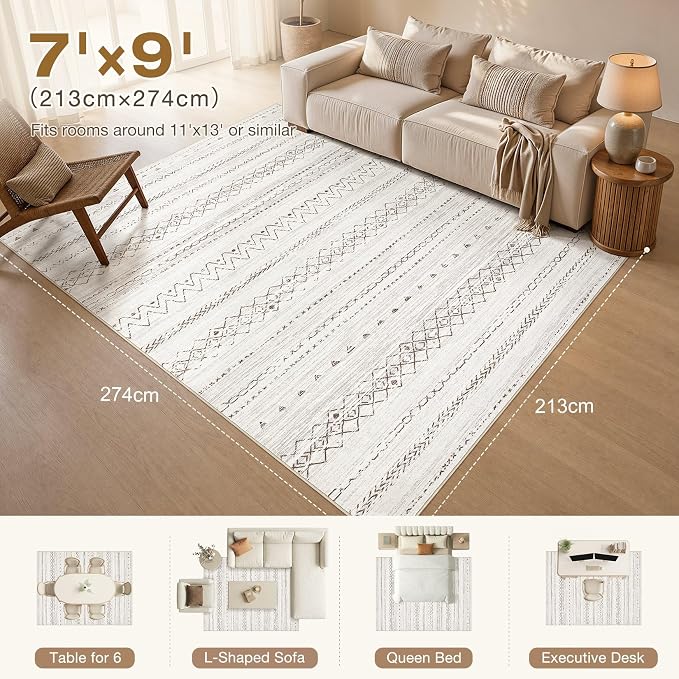 cotiled Boho 7x9 Area Rug for Living Room: Large Moroccan Washable Rug | Solve - Image 2