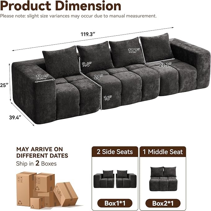 119" Oversized 3 Seater Boneless Couch, Comfy Cloud Modular Sectional Sofa - Image 2