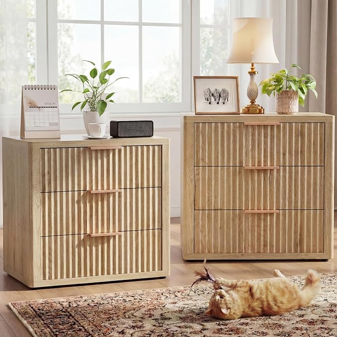 Night Stand with 3 Drawers, Fluted Bed Side End Table with Metal Handle by LOOMORA