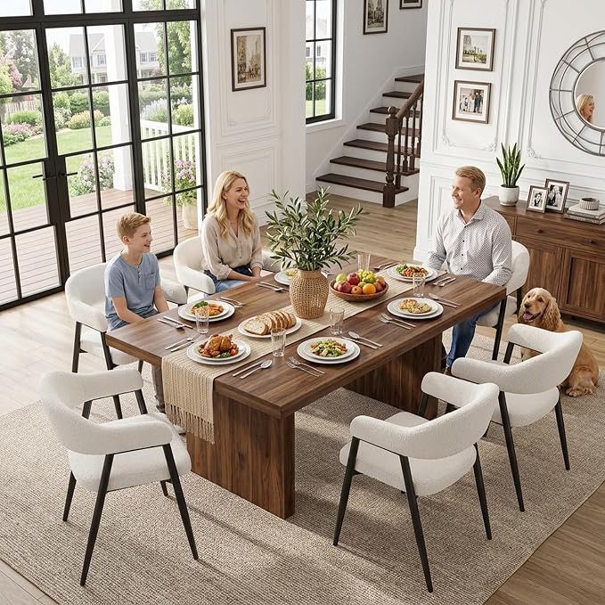 HNY Modern Dining Room Arm Chairs Set of 6, Faux Sherpa Boucle Upholstered - Image 6