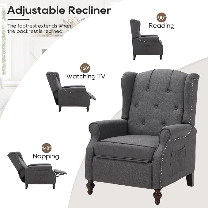 Wingback Recliner Chair with Massage and Heat, Tufted Fabric Push Back Recliner - Image 4