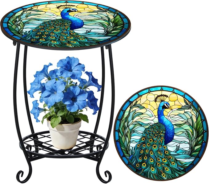 Cinnvoice Outdoor Side Table Round Small Mosaic Patio Accent Indoor End Plant by Cinnvoice