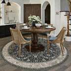 4ft Round Black Beige Vintage Floral Washable Rug - Image 3