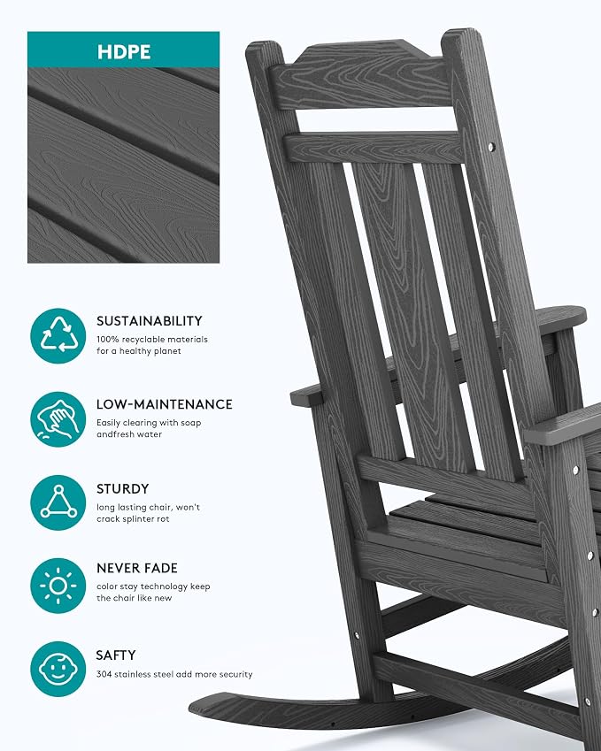 SERWALL Gray Outdoor Rocking Chair Set of 4, All Weather Patio Rocking Chair - Image 5