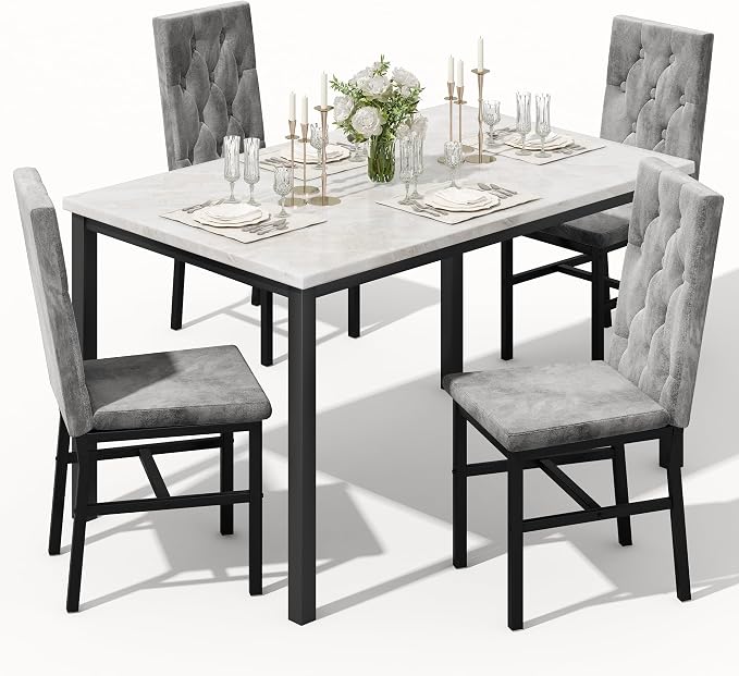 Hooseng Dining Table Set for 4, Faux Marble Small Kitchen Table Chairs Set of 4 by Hooseng
