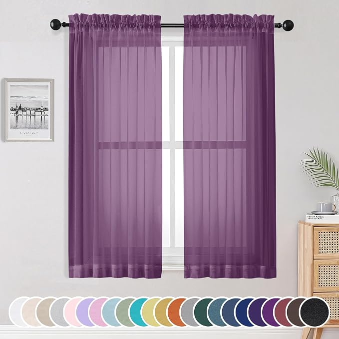 Plum Sheer Curtains 63 Inches Long 2 Panels Set, Light Filtering Voile Fimly by OWENIE