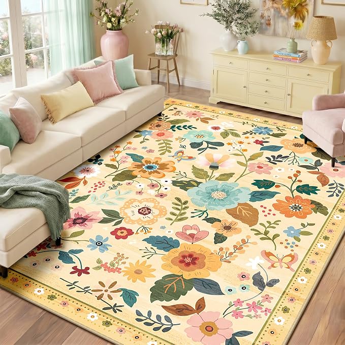 RELEANY Floral Washable 9x12 Area Rugs Ivory/Yellow | Flower Carpet Print Boho by RELEANY
