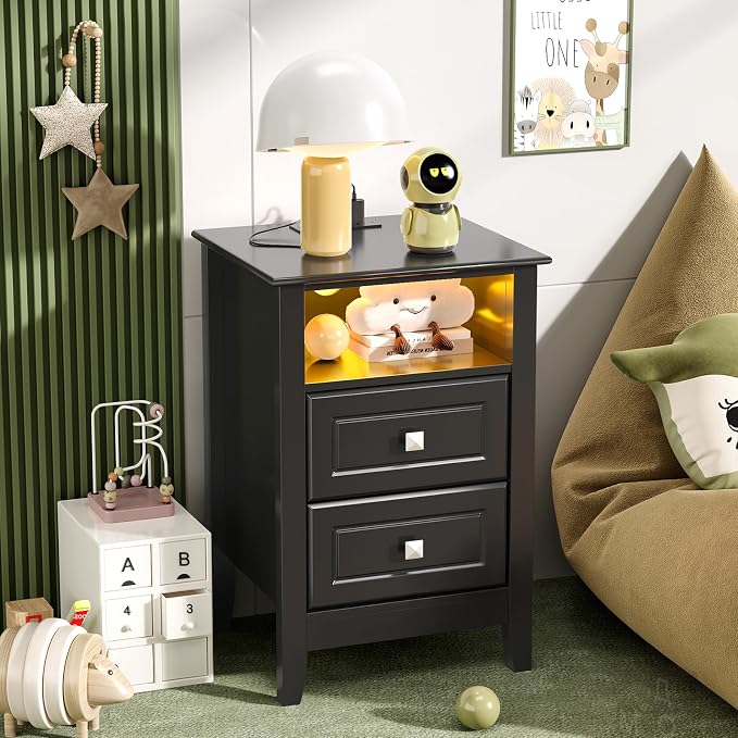 Bonnlo Led Nightstand with Charging Station, Night Stand Black Bedside Table - Image 7