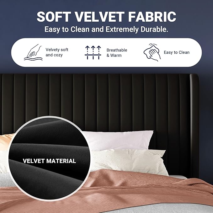 Allewie Full Size Velvet Bed Frame/Vertical Channel Tufted Wingback - Image 6