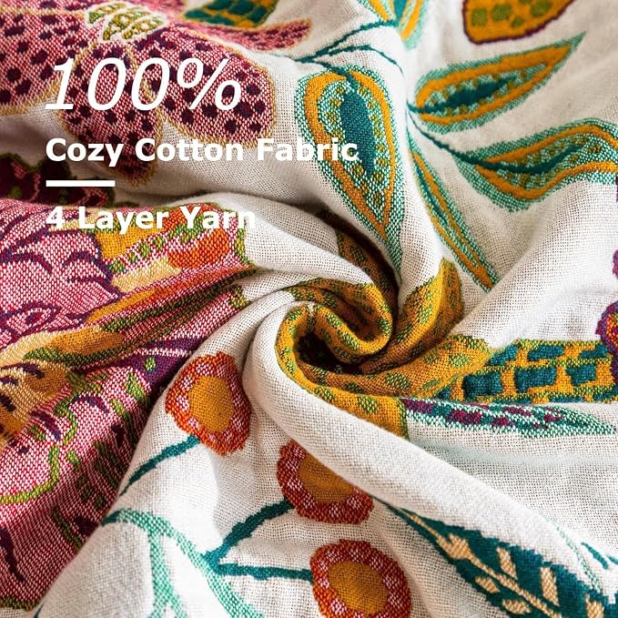 LUTBM Boho Throw Blanket for Bed 100% Cotton Soft Breathable Quilt Floral - Image 6