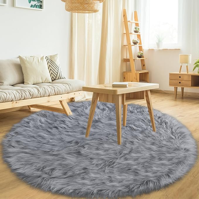 Grey Round Rugs for Bedroom, 4x4 Ft Fluffy Circle Area Rug for Kids Room - Image 7