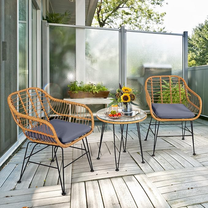 Tangkula 3 Pieces Patio Bistro Set, Rattan Conversation Set - Image 2