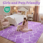 Area Rugs for Bedroom, 4x6 Fluffy Carpet Purple and White Geometric Rug | Boho - Image 3