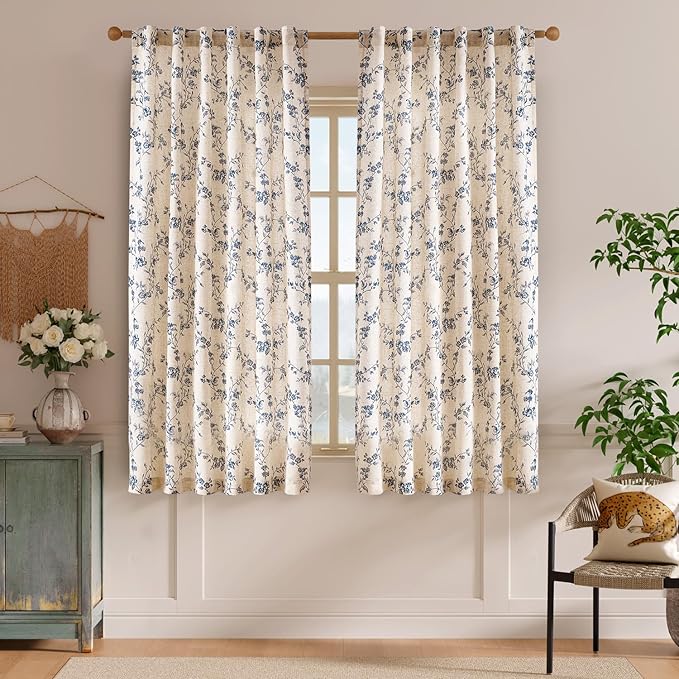 Blue Vintage Floral Linen Curtains Farmhouse 50W X 63L 2 Panels | Elisa Series - Image 2