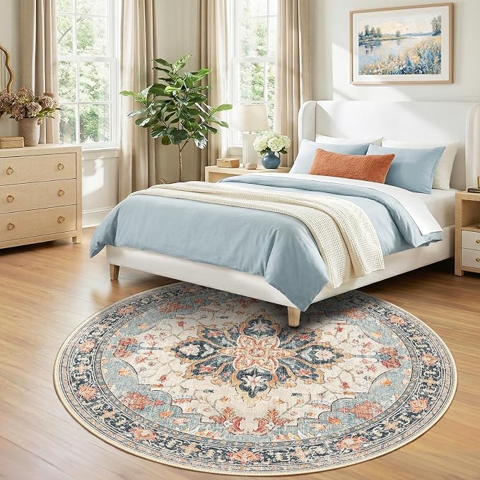 RELEANY Washable Area Rug, Round 7ft, Water Repellent, Pet Friendly, Vintage - Image 2