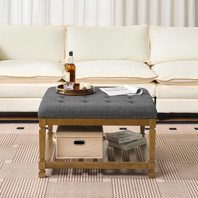 Befurtori Large Square Ottoman Coffee Table, Linen Solid Upholstered Footrest - Image 4