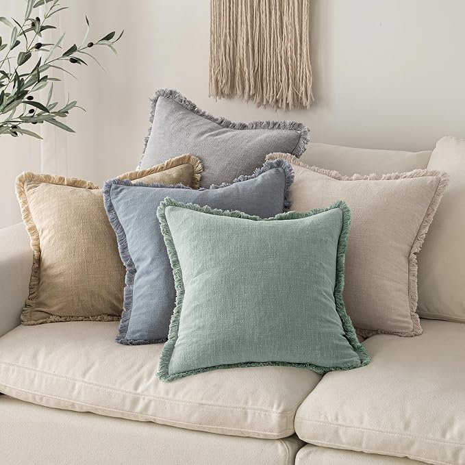 MIULEE Boho Linen Fringe Decorative Throw Pillow Covers Aqua Green 20x20 | Set - Image 5