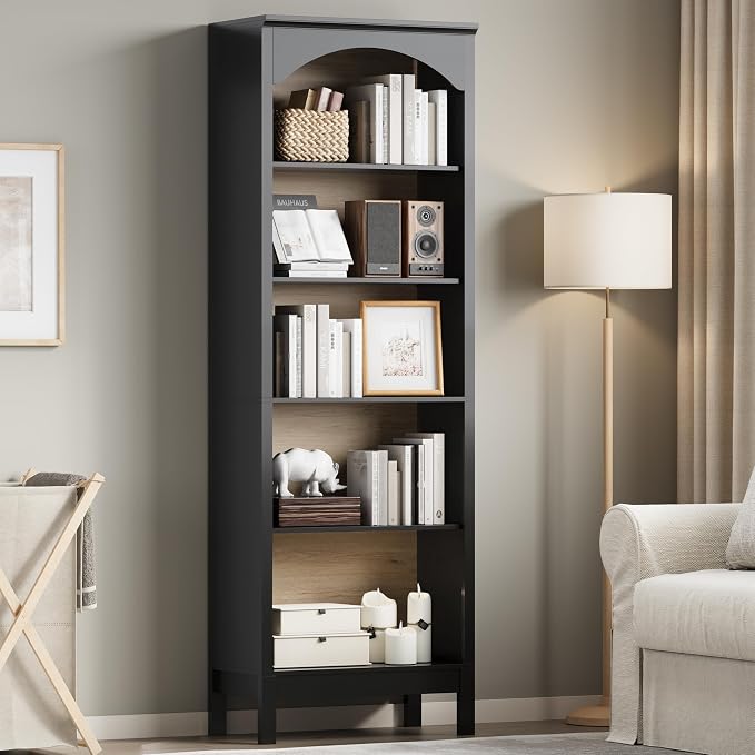 Arched Bookshelf with 5 Tier Open Shelves, Study and Living Room, Modern Black - Image 7
