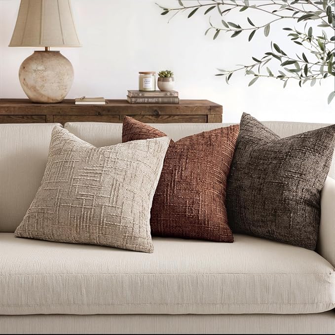 MIULEE Chenille Textured Throw Pillow Covers Oatmeal 18x18 Set of 2 | Slubby - Image 4