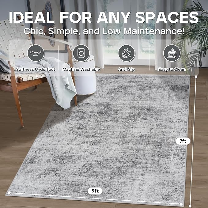 Aelenmu 5x7 Area Rugs for Living Room Bedroom Dining Room Washable Grey | Soft - Image 2