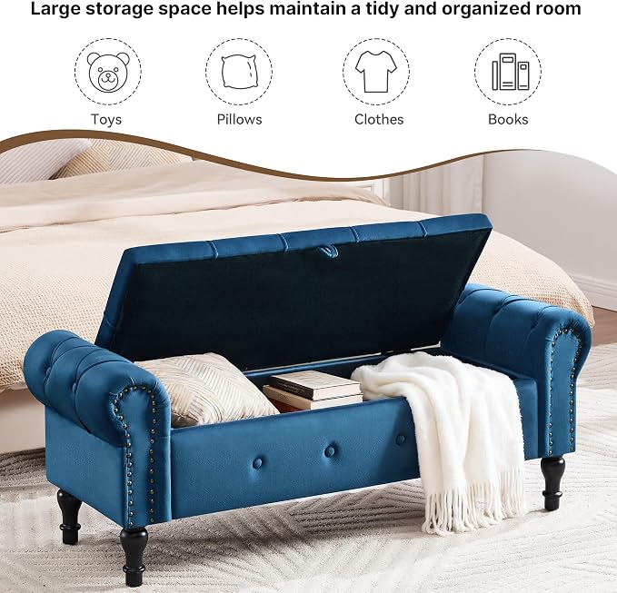 Storage Bench for Bedroom, Velvet 51" End of Bed Bench, Queen Size Bench - Image 3