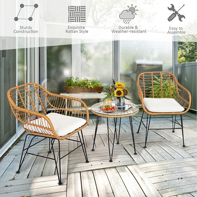 Tangkula 3 Pieces Patio Bistro Set, Rattan Conversation Set - Image 8