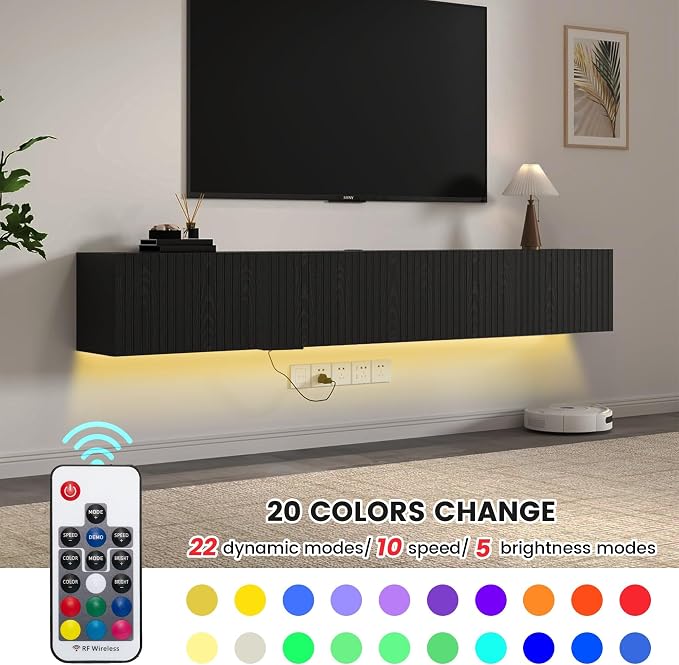 71” Floating TV Stand with LED Lights & Charging Station, Floating Media - Image 3