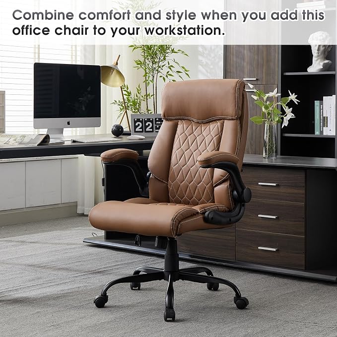 High Back Office Chair with Flip-up Armrests, Leather Comfy Desk Chair with - Image 3