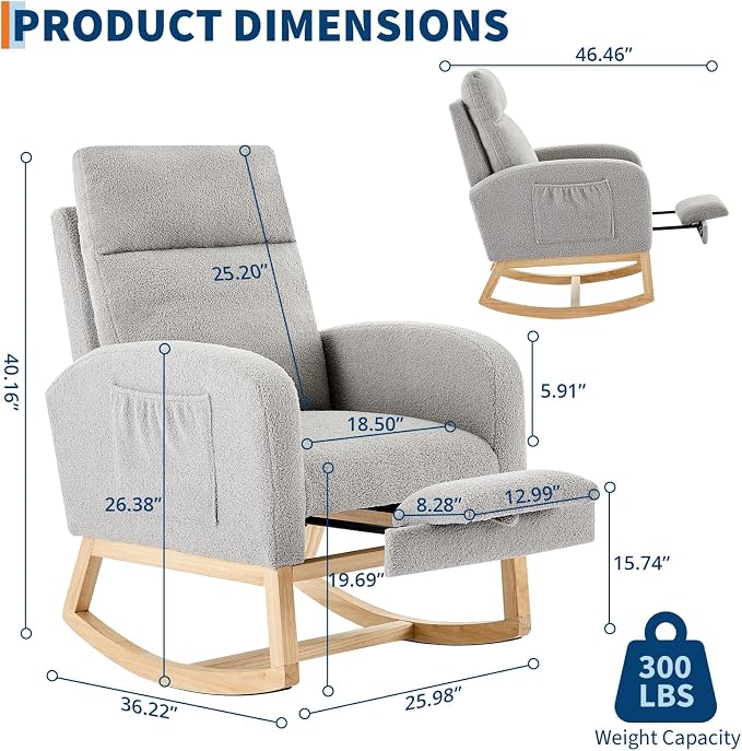 Modern Nursery Rocking Chair, Teddy Upholstered Rocking Chair - Image 2