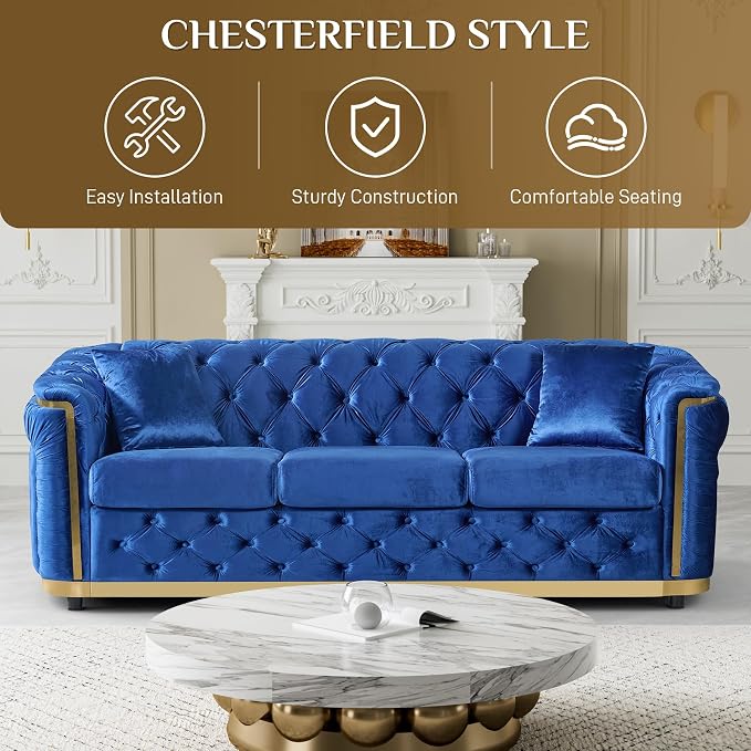 DAMAIFROM Luxury Velvet Couch Set Blue and Gold Sofa, Mid Century Modern - Image 5