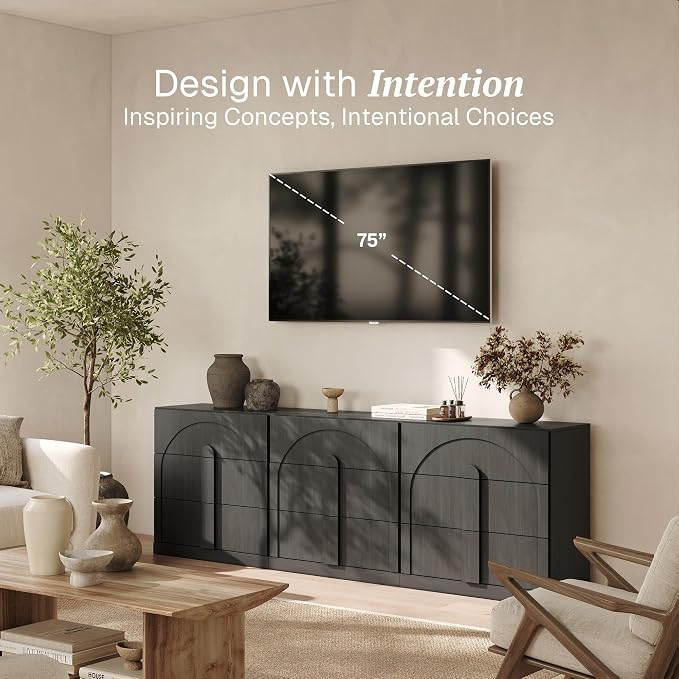 BELLEZE Sideboard Cabinet with 3 Drawers, Large Fluted Sideboard with Storage - Image 3