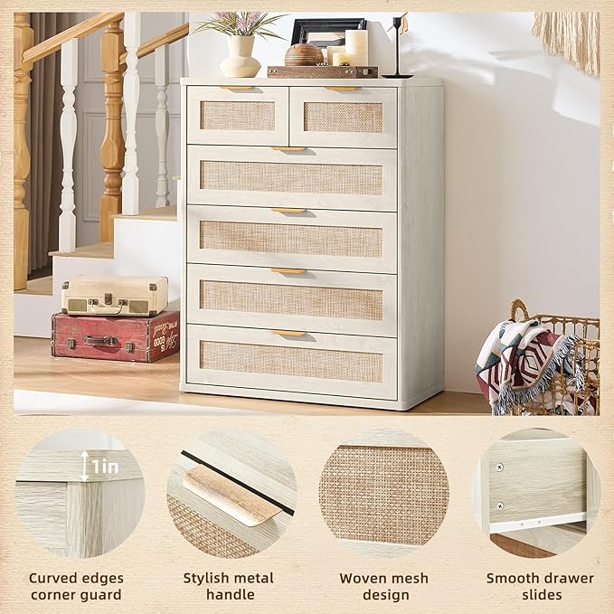 LEYAOYAO White Dresser for Bedroom Set of 2, Modern 6 Drawers Boho Rattan - Image 7