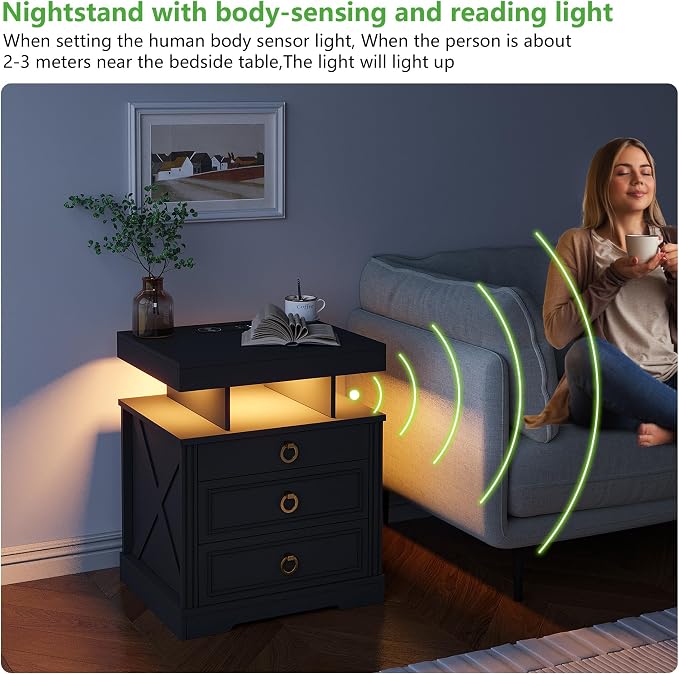 HNEBC Nightstand with Gun Drawers, LED Farmhouse Night Stand with Charging - Image 5