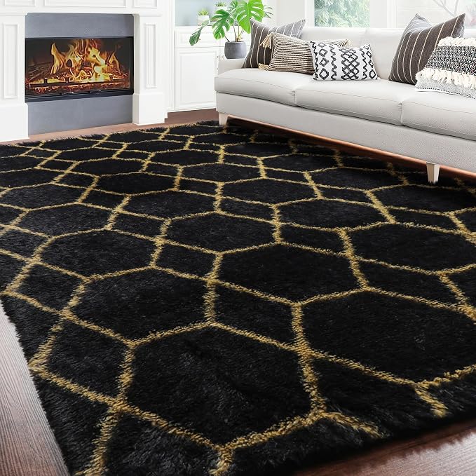 6x9 Area Rugs for Living Room Bedroom, Fluffy Black and Gold Geometric Rug | - Image 5