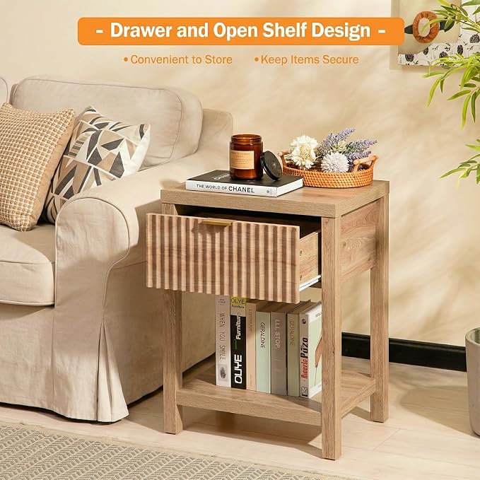 Fluted Night Stand with Golden Handle, Bedside Table with Storage Shelf - Image 6