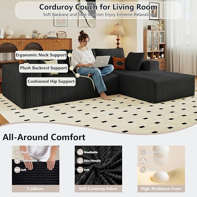 95" Cloud Sectional Couch with L-Shape Chaise, Modular Comfy Sofa Chaise Longue - Image 4