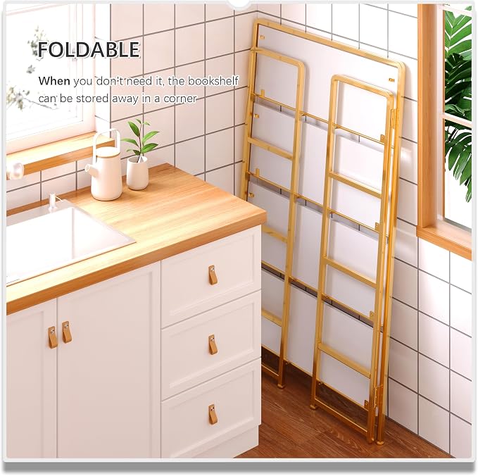 4NM No Assembly Extra Wide 4 Tiers Folding Bookshelf Storage Shelves Vintage - Image 4